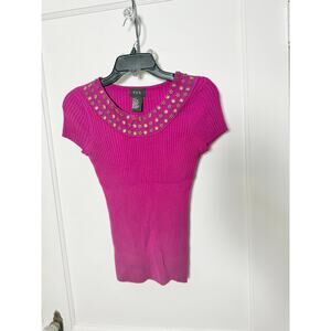 Vintage Y2K RQT Ribbed Knit Beaded Babydoll Tight Shirt Size Small Stretch Pink